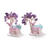 Natural Amethyst Tree Display Decoration, Resin House with Christmas Reindeer Feng Shui Ornament for Wealth, Luck, Rose Gold Brass Wires Wrapped, 40~41x44x67mm(DJEW-G030-01RG-01)