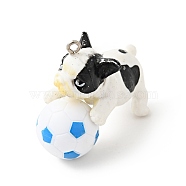 PVC Plastic Cartoon Pendants, with Platinum Tone Iron Loops, for DIY Keychain Making, Dog Charms, Football Pattern, 33.5x41.5x19.5mm, Hole: 2mm(PVC-G004-01F)