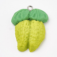 Handmade Polymer Clay Pendants, with Iron Findings, Bitter Gourd, Platinum, Green Yellow, 32x24x8mm, Hole: 2mm(CLAY-T012-11)