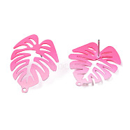 Spray Painted Iron Stud Earring Findings, with Horizontal Loops, Monstera Leaf, Hot Pink, 28.5x24mm, Hole: 1.4mm, Pin: 0.7mm(IFIN-N008-019-A04)
