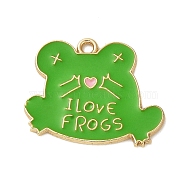 Zinc Alloy Enamel Pendants, Cadmium Free & Nickel Free & Lead Free, Gloden, Frog with Word I Love Frogs Charm, Lime Green, 23x24.5x1mm, Hole: 1.4mm(PALLOY-Q451-03G-03)