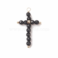 Natural Black Onyx(Dyed & Heated) Faceted Round Copper Wire Wrapped Pendants, Cross Charms, Light Gold, 38x23x5mm, Hole: 2.5mm(PALLOY-JF02011-02)
