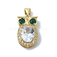 Rack Plating Real 18K Gold Plated Brass Micro Pave Cubic Zirconia Pendants, with Glass, Long-Lasting Plated, Lead Free & Cadmium Free, Owl, Cerise, 20x12x6.5mm, Hole: 4x3.5mm(KK-B084-05G-01)