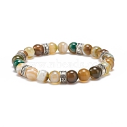 Natural Striped Agate Round Beaded Stretch Bracelet, Gemstone Jewelry for Women, Antique Silver, Inner Diameter: 2 inch(5.2cm)(BJEW-JB08607)