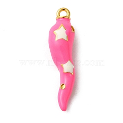 Rack Plating Brass Enamel Pendants, Cadmium Free & Lead Free, Long-Lasting Plated, Horn of Plenty/Italian Horn Cornicello with Star Charm, Real 18K Gold Plated, Deep Pink, 27x6.5mm, Hole: 1.6mm(KK-A229-29G-04)