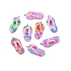 Handmade Polymer Clay Pendants, with Alloy Findings, Flip-Flops/Chancla, Mixed Color, 30~32x13x9mm, Hole: 2.5mm, 60pcs/box(PORC-SZ0001-02)