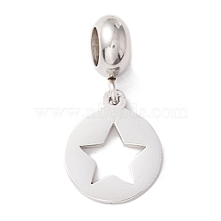 304 Stainless Steel European Dangle Charms, Large Hole Pendants, Flat Round with Star, Stainless Steel Color, 23.5mm, Hole: 4.5mm(STAS-I192-01P)