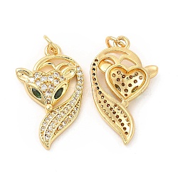 Brass Micro Pave Cubic Zirconia Pendants, with Jump Ring, Fox Charm, Golden, Clear, 25x15x3.5mm, Hole: 3mm(KK-H441-10G)