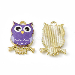 Painted Alloy Pendants, Owl Charm, Cadmium Free & Nickel Free & Lead Free, Golden, Medium Purple, 21.5x15x2.3mm, Hole: 2mm(PALLOY-P288-01G-12)