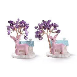 Natural Amethyst Tree Display Decoration, Resin House with Christmas Reindeer Feng Shui Ornament for Wealth, Luck, Rose Gold Brass Wires Wrapped, 40~41x44x67mm(DJEW-G030-01RG-01)