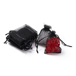 Organza Bags, with Ribbons, Black, 9x7cm(X-OP-R016-7x9cm-18)