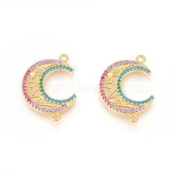 Brass Links, with Micro Pave Cubic Zirconia, Moon, Colorful, Golden, 23.5x18.5x3mm, Hole: 1.4mm(KK-I637-11G)