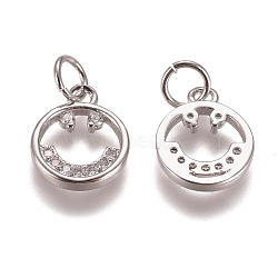 Brass Micro Pave Clear Cubic Zirconia Charms, with Jump Rings, Smiling Face, Platinum, 12x10x2mm, Hole: 3mm(ZIRC-G153-34P)