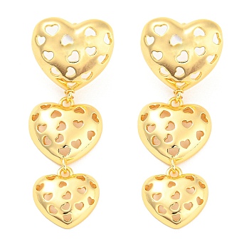 Hollow Heart Rack Plating Brass Dangle Stud Earrings, Long-Lasting Plated, Lead Free & Cadmium Free, Real 18K Gold Plated, 46x17mm