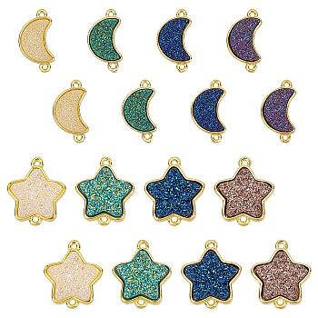 SUNNYCLUE Brass Links Connectors, with Druzy Resin, Golden, Star & Moon, Mixed Color, 16pcs/box