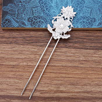 Hair Accessories Brass Hair Fork Findings, with Alloy Flower Filigree Findings, Silver, 115x12x2mm, Inner Diameter: 10mm