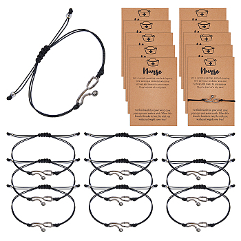 10Pcs Alloy Stethoscope Link Bracelets, Adjustable Waxed Cord Braided Bracelets for Men Women, with Paper Card, Black, Inner Diameter: 2~3-1/2 inch(5~9cm)