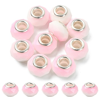 Glass European Beads, Large Hole Beads, with Silver Tone Brass Double Cores, Faceted Rondelle, Pink, 14x9mm, Hole: 5mm
