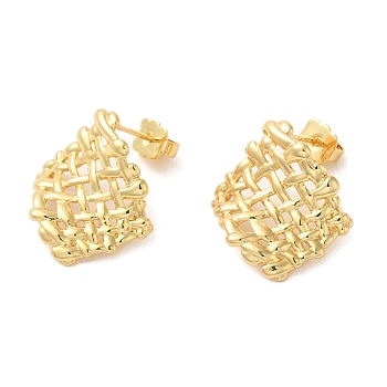 Brass Rhombus Net Stud Earrings, Long-Lasting Plated, Cadmium Free & Lead Free, Real 18K Gold Plated, 22x21mm