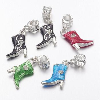 Alloy European Dangle Charms, with Enamel and Rhinestone, Shoes, Silver Color Plated, Mixed Color, Size: about 14mm wide, 33mm long, 3mm thick, hole: 4.5mm