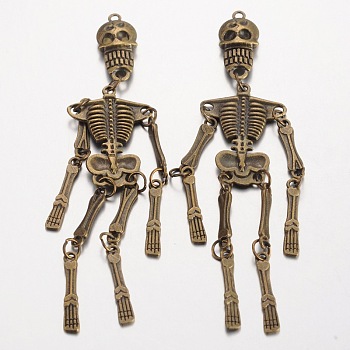 Human Skeleton Tibetan Style Alloy Big Pendants, Lead Free & Nickel Free & Cadmium Free, Antique Bronze, 99x22x5mm, Hole: 1.7mm