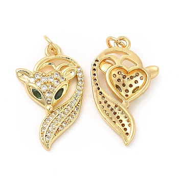 Brass Micro Pave Cubic Zirconia Pendants, with Jump Ring, Fox Charm, Golden, Clear, 25x15x3.5mm, Hole: 3mm