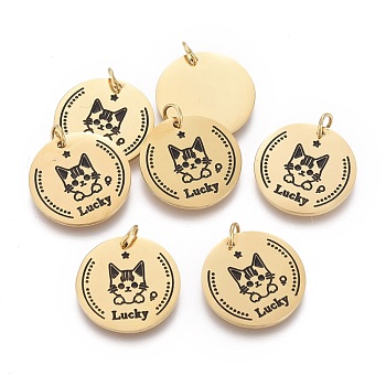 316 Surgical Stainless Steel Pendants, with Jump Rings and Enamel, Flat Round & Cat & Word Lucky, Black, Golden, 15x0.8mm, Hole: 2.8mm, jump rings: 4x0.6mm
