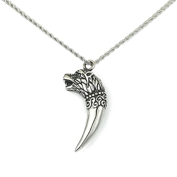 304 Stainless Steel Wolf Tooth Pendant Necklace, Antique Silver, 20.08 inch(51cm)