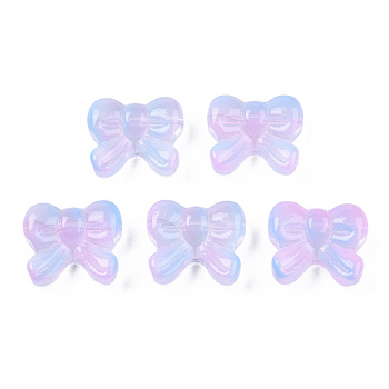 Transparent Spray Painted Glass Beads, Two Tone, Bowknot, Pearl Pink, 14x16x6mm, Hole: 1mm