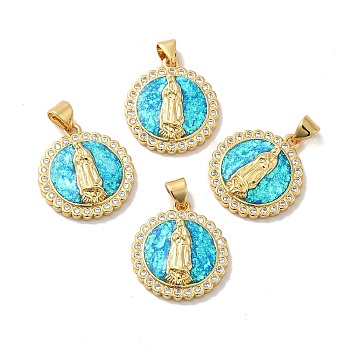 Rack Plating Brass Micro Pave Cubic Zirconia with Synthetic Opal Pendants, with Jump Ring, Lead Free & Cadmium Free, Long-Lasting Plated, Flat Round with Saint, Real 18K Gold Plated, 21.5x19.5x4.1mm, Hole: 5x3.6mm