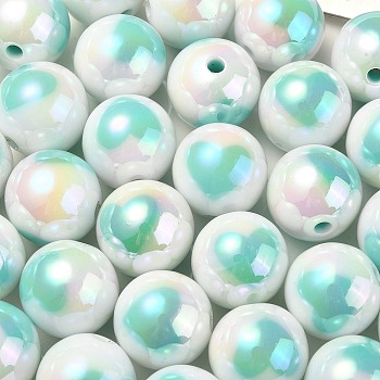UV Plating Rainbow Iridescent Acrylic Beads, Round with Heart Pattern, Medium Turquoise, 16x15mm, Hole: 3mm