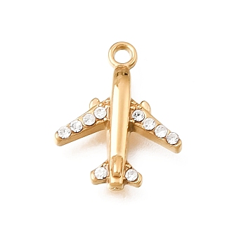 304 Stainless Steel Rhinestone Pendants, Airplane Charms, Ion Plating(IP), Real 18K Gold Plated, 14.5x11.5x2.5mm, Hole: 1.5mm