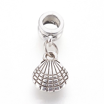 Alloy European Dangle Charms, Large Hole Pendants, with Iron Ring, Shell, Antique Silver, 25.5mm, Hole: 5mm, 13x10x3mm