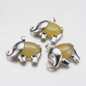 Natural Yellow Agate Pendants, with Alloy Finding, Platinum Plated, Elephant, 29x37x10mm, Hole: 4x6mm