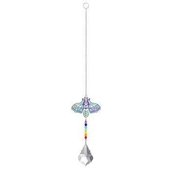 Metal Animal Hanging Ornaments, Teardrop & Rainbow Color Glass Suncatchers for Home Outdoor Decoration, Insects, 365x65mm