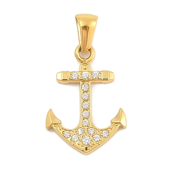 Ion Plating(IP) 304 Stainless Steel Micro Pave Cubic Zirconia Pendants, Anchor Charm, Golden, 22x15.5x2.5mm, Hole: 3x6mm