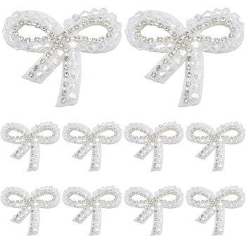 10Pcs Imitation Pearl & Glass Beads Sew on Appliques, with Rhinestone, Sewing Craft Decoration, Bowknot, White, 45x52x5.5mm