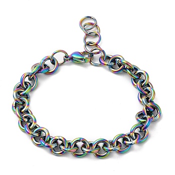 Ion Plating(IP) 304 Stainless Steel Rolo Chain Bracelets, with Lobster Claw Clasps, Rainbow Color, 7 inch(17.7cm), 8.5mm