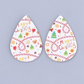 PU Leather Big Pendants, Christmas Theme, Teardrop, Colorful, 56x37x1.5mm, Hole: 1.2mm