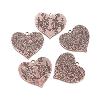 Tibetan Style Carved Flower Heart Alloy Big Pendants, Nickel Free, Red Copper, 53x58x2mm, Hole: 4mm