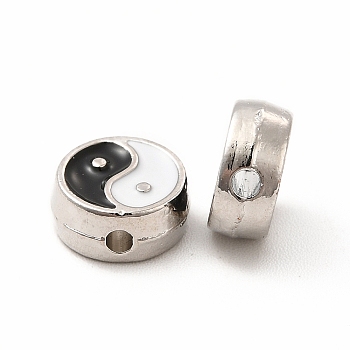 Alloy Enamel Beads, Flat Round with Yin Yang, Platinum, 8.5x3.5mm, Hole: 1mm