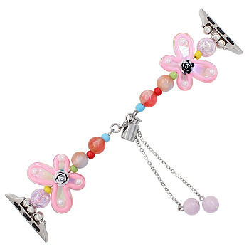 Butterfly Acrylic Bead Watch Bands, with Platinum Tone Alloy Chains, Pink, 12.7cm, Fit for 42mm/44mm/45mm wide Connector