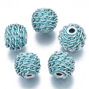 Handmade Indonesia Beads, with Aluminium Chains, Round, Silver, Dark Turquoise, 16.5~18x14~15mm, Hole: 3~3.5mm