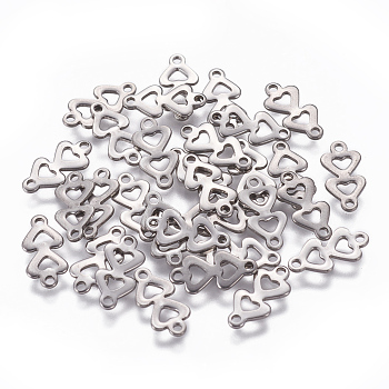 201 Stainless Steel Links connectors, Heart to Heart, Stainless Steel Color, 12x6x0.8mm, Hole: 1mm