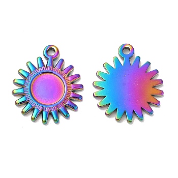 Ion Plating(IP) 304 Stainless Steel Pendant Cabochon Settings, Sun Charms, Rainbow Color, Tray: 8mm, 20.5x17.5x2mm, Hole: 1.6mm