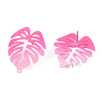 Spray Painted Iron Stud Earring Findings, with Horizontal Loops, Monstera Leaf, Hot Pink, 28.5x24mm, Hole: 1.4mm, Pin: 0.7mm