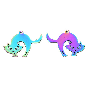 Ion Plating(IP) 201 Stainless Steel Pendants, Halloween Style, Fox, Rainbow Color, 18.5x26x1mm, Hole: 1.5mm