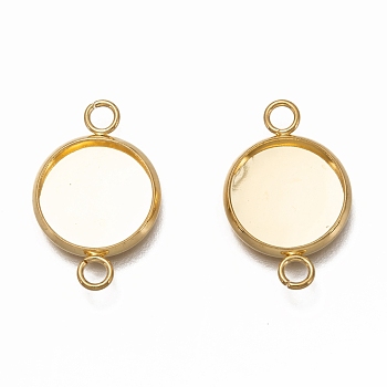 304 Stainless Steel Cabochon Connector Settings, Plain Edge Bezel Cups, Flat Round, Real 18K Gold Plated, Tray: 12mm, 21.5x14x2mm, Hole: 2.4mm