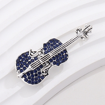 Musical Guitar Rhinestone Lapel Pin, Platinum Alloy Brooch for Backpack Clothes, Dark Indigo, 51x19mm