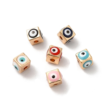 Alloy Enamel Beads, Light Gold, Cube with Evil Eye, Mixed Color, 5.5x6x6mm, Hole: 1.8mm